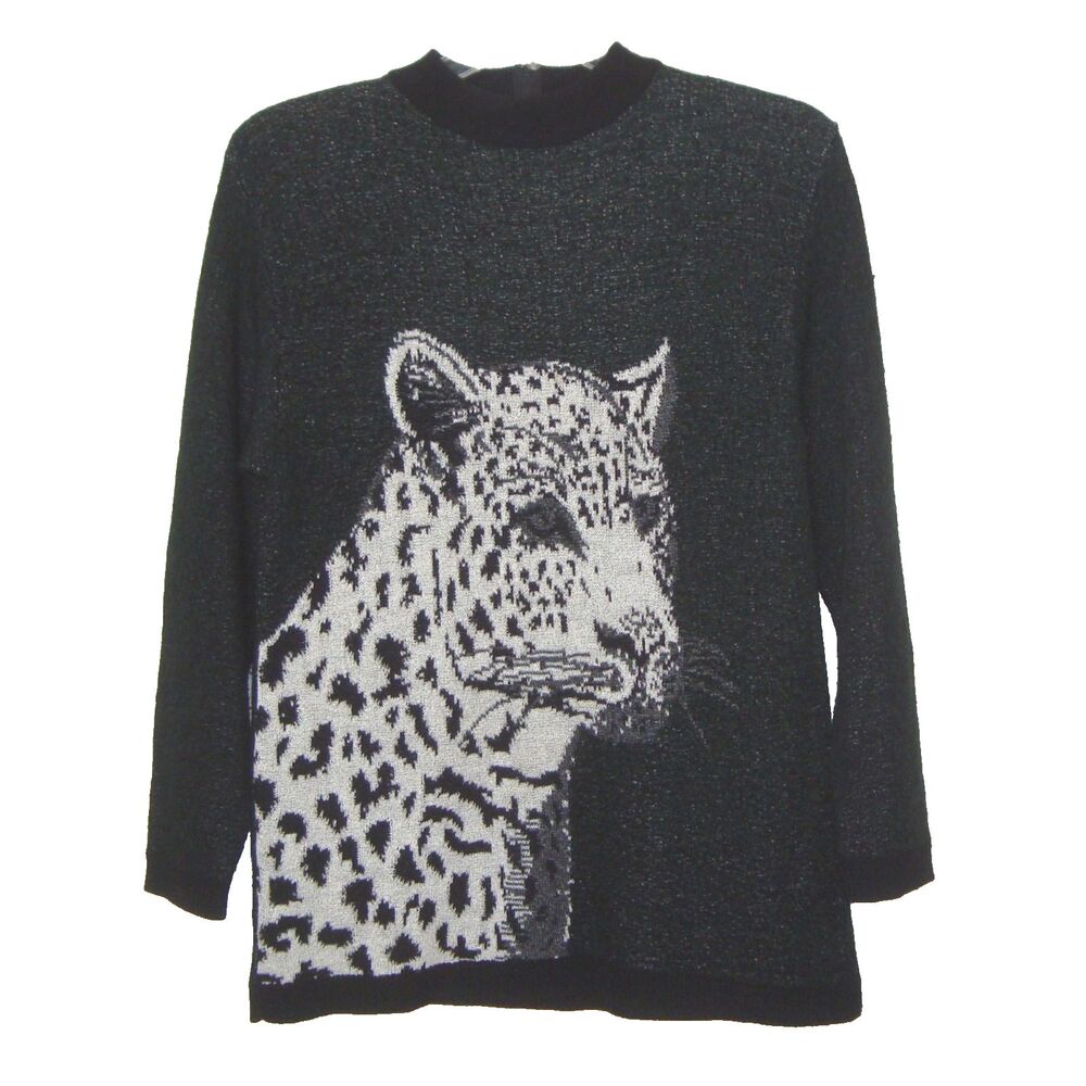 Vintage Laura by Alyzia Knitwear Leopard Intarsia Sweater Black 1/4 Back Zip USA